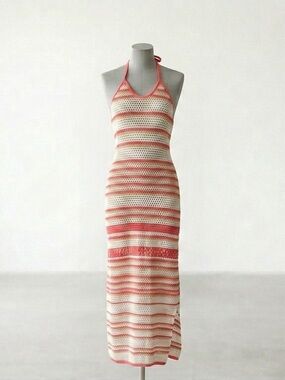 Halter Crochet Maxi Dress in Coral and Cream
